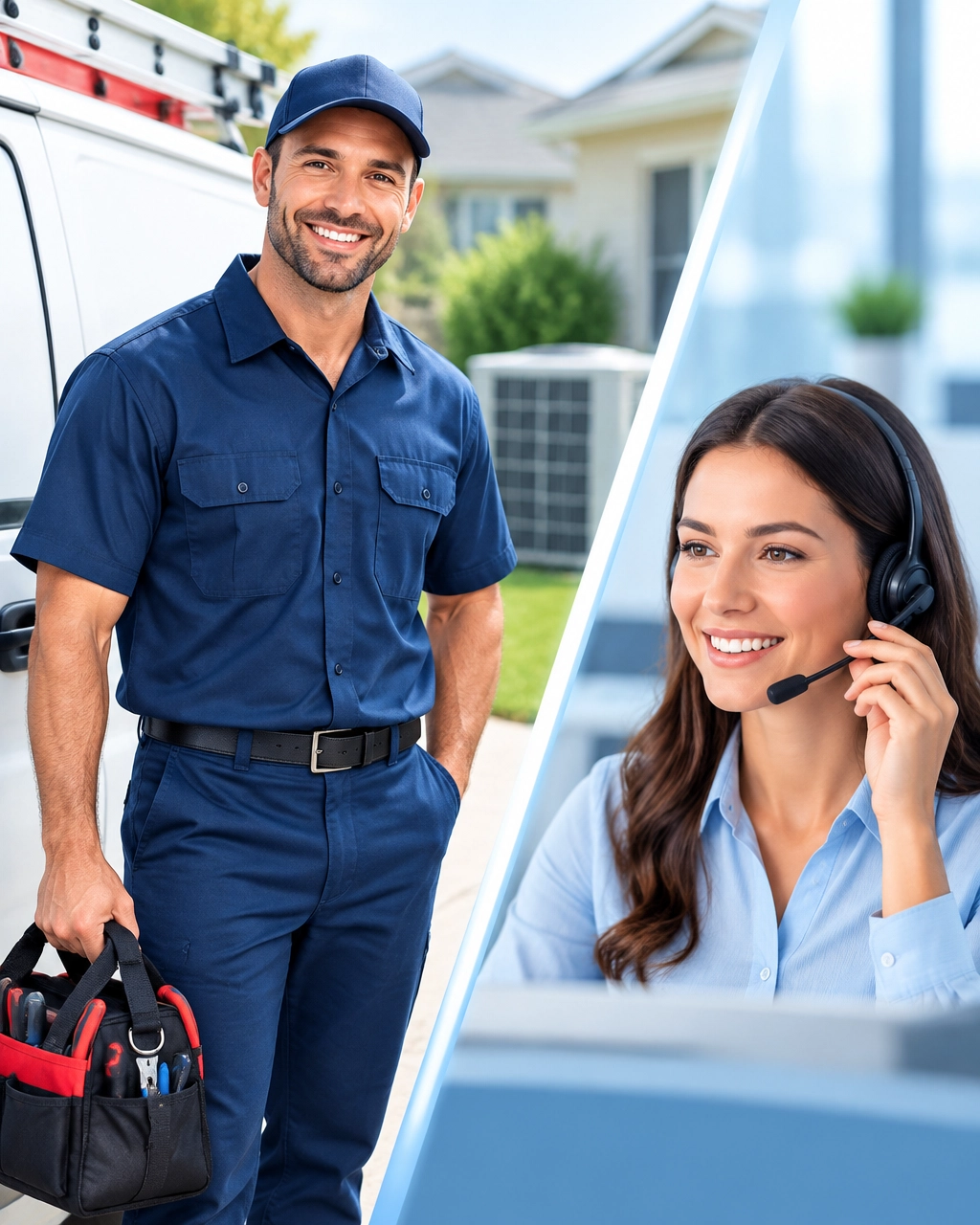 HVAC technician and operator supporting a 24/7 live answering service call
