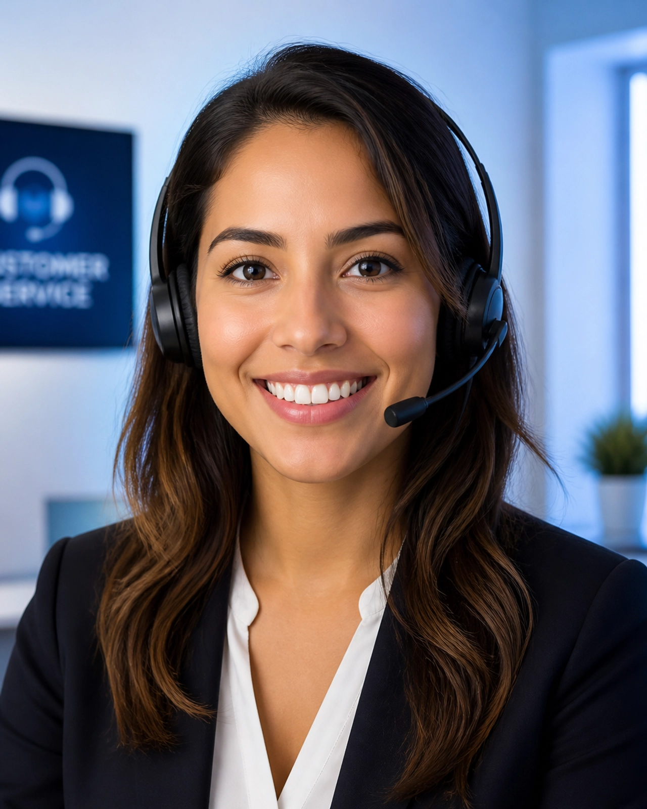 A smiling US-based professional customer service representative