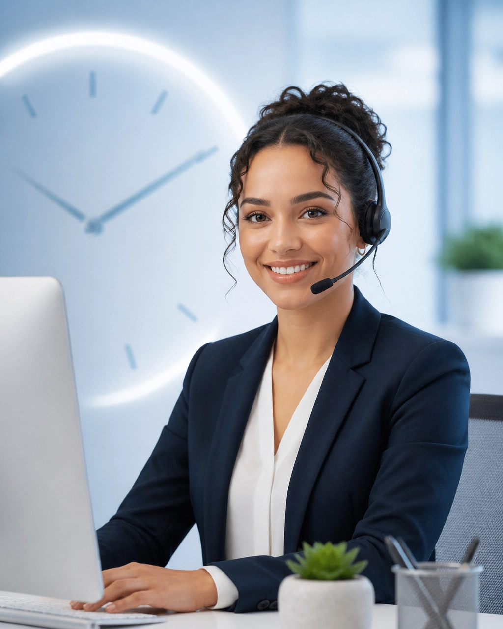 Customer service support receptionist providing welcoming phone assistance in a modern office