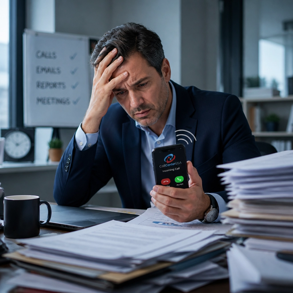 Business owner overwhelmed by phone calls and paperwork