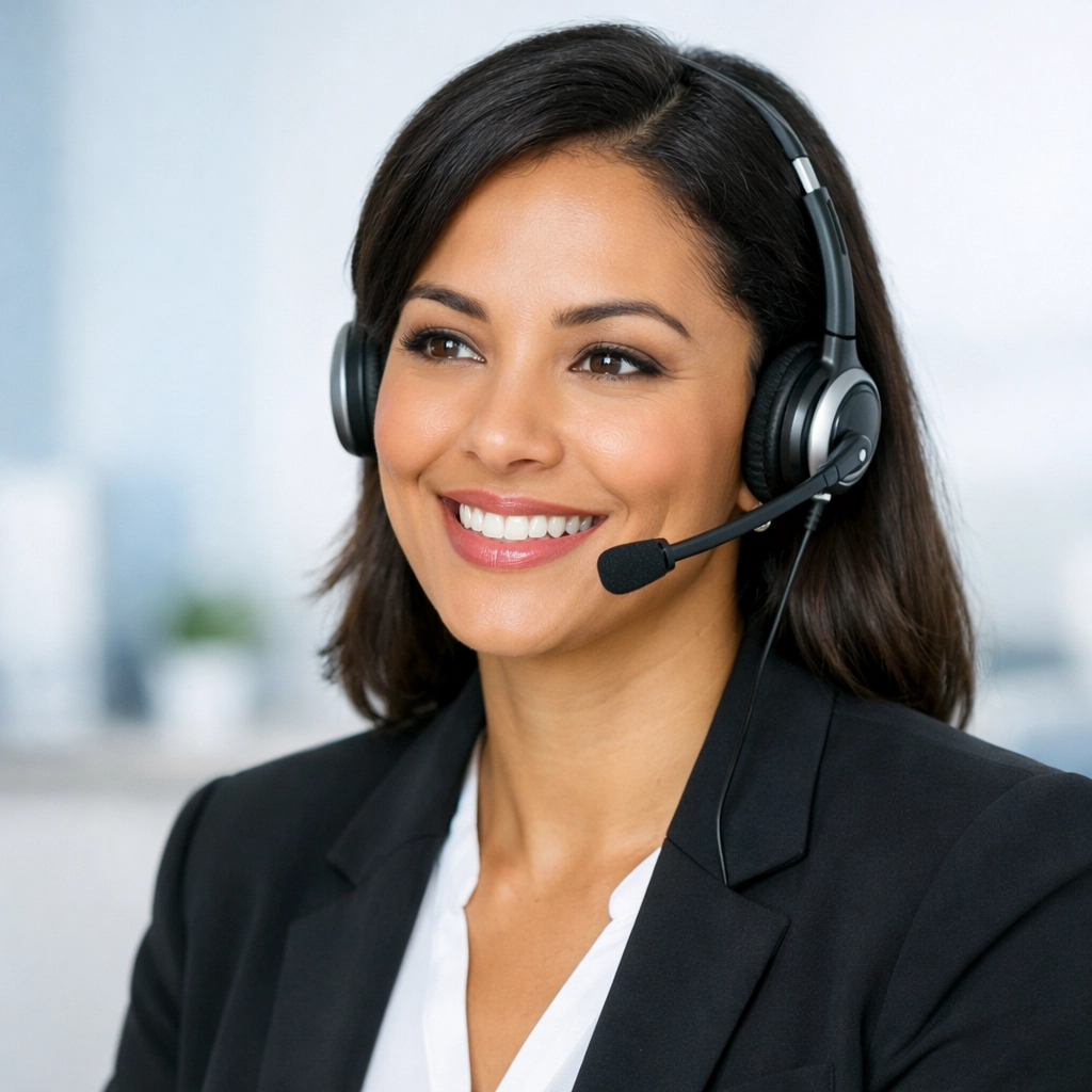 Attorney answering service receptionist welcoming legal callers in a bright modern office.