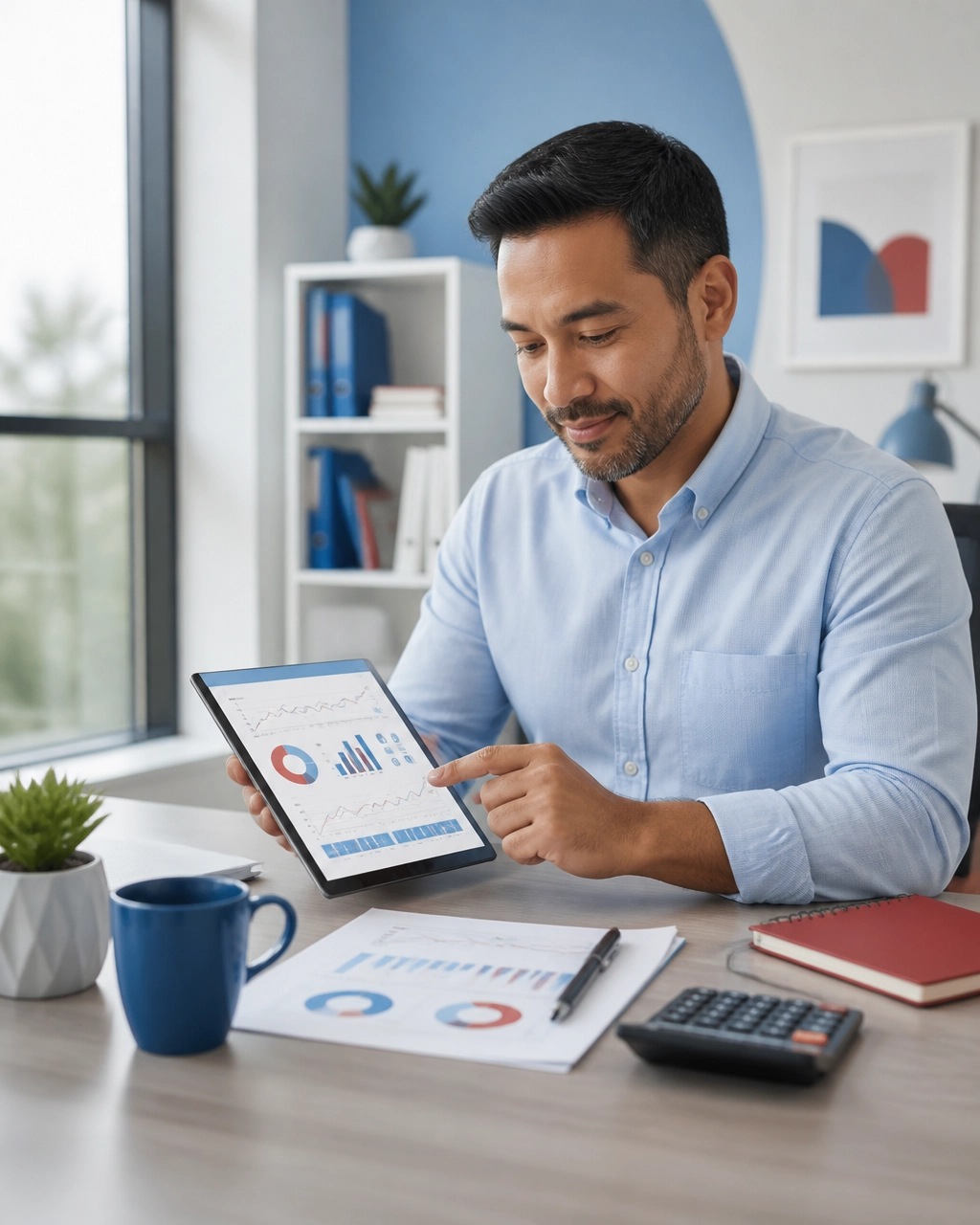 Business owner reviewing live answering service plans and call metrics on a tablet