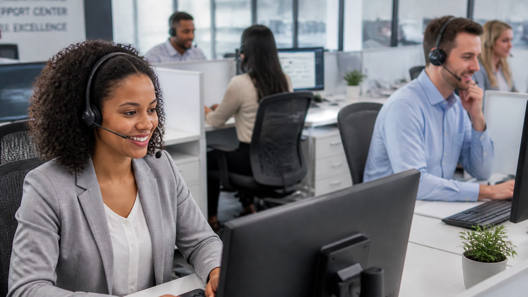 A diverse team of professional US-based call center agents working in a modern office