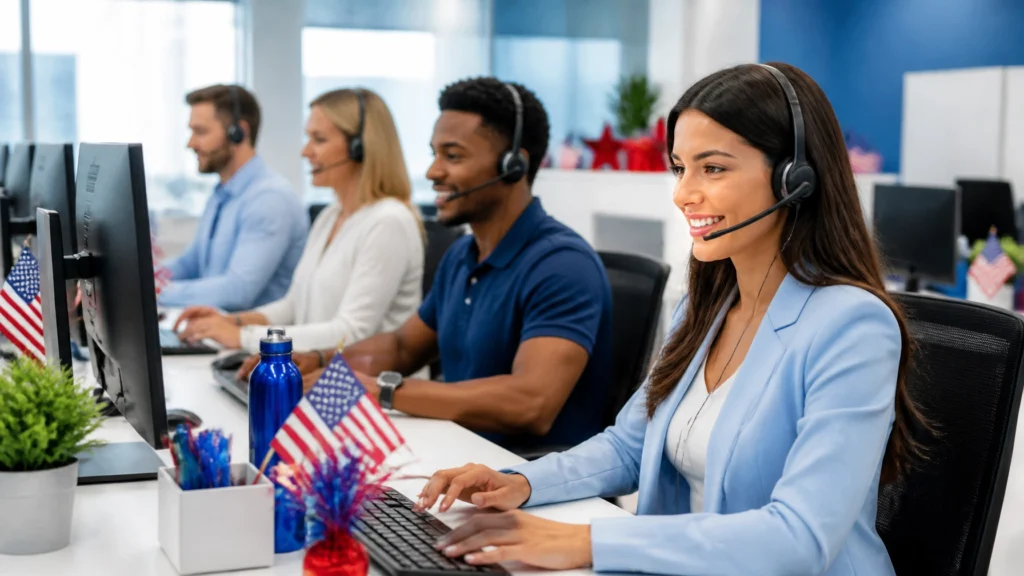 Professional US-based call center team working in a bright, modern office with subtle patriotic accents