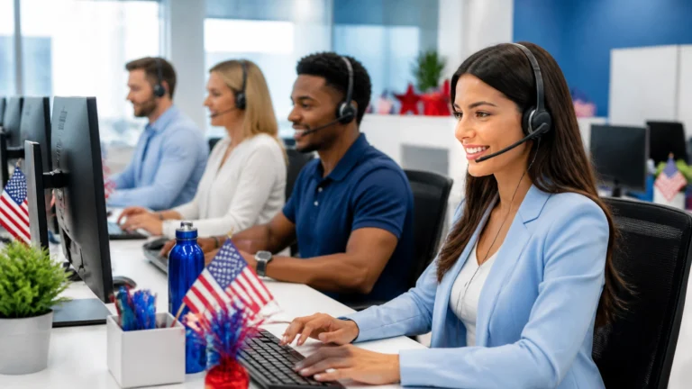 Professional US-based call center team working in a bright, modern office with subtle patriotic accents