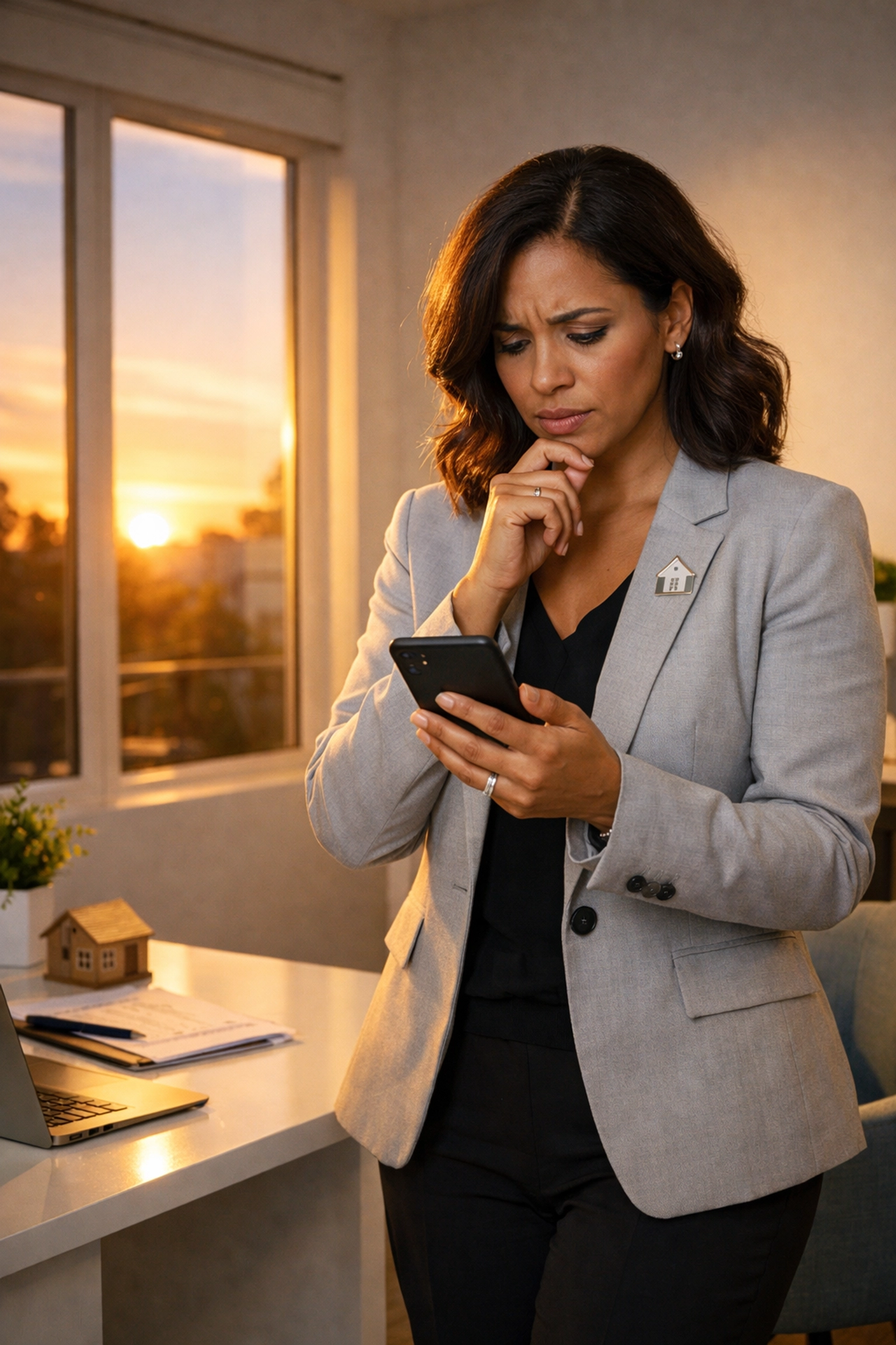Real estate agent checking phone after hours handling client calls