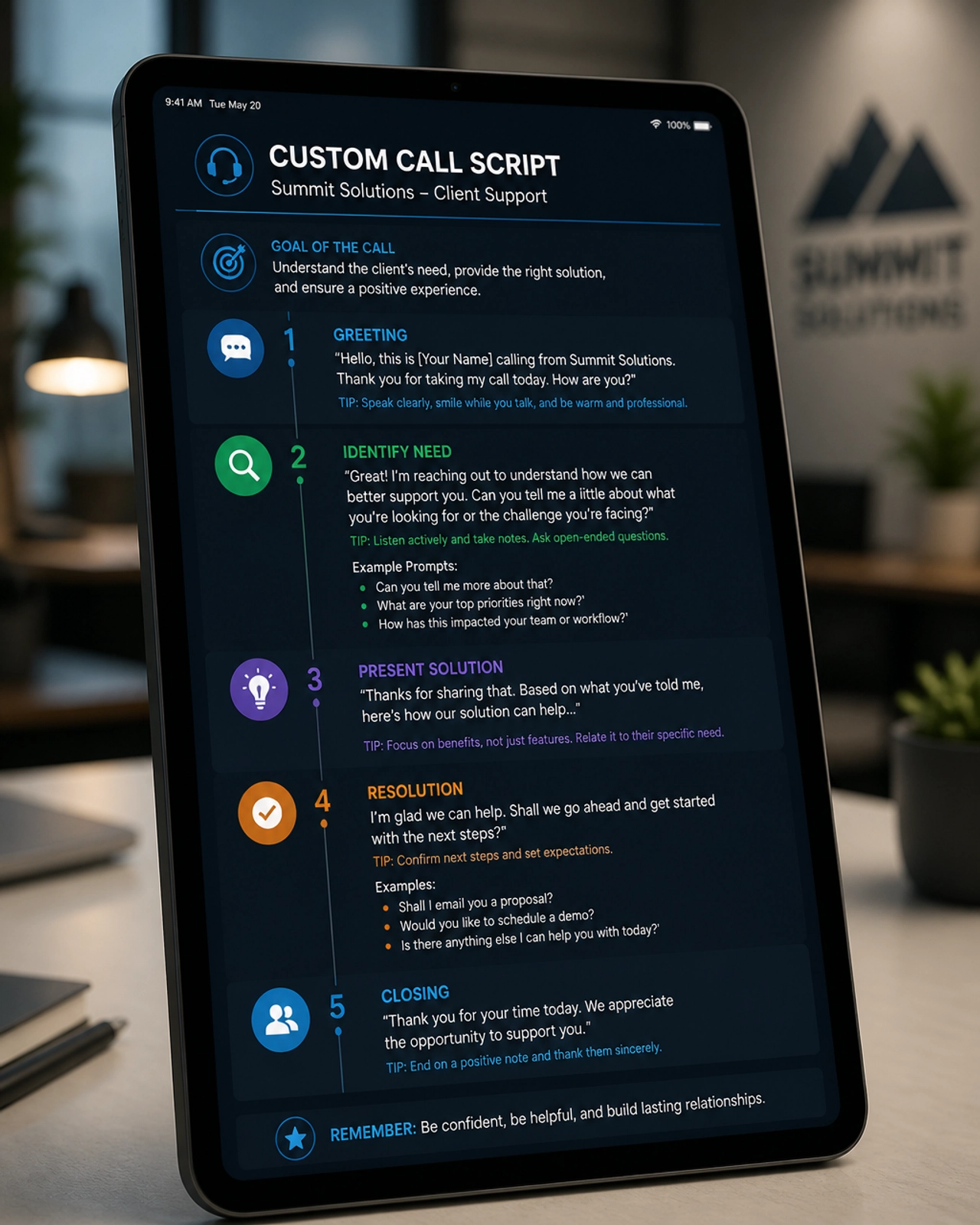 A close-up of a digital tablet showing a professional and organized custom call script interface.