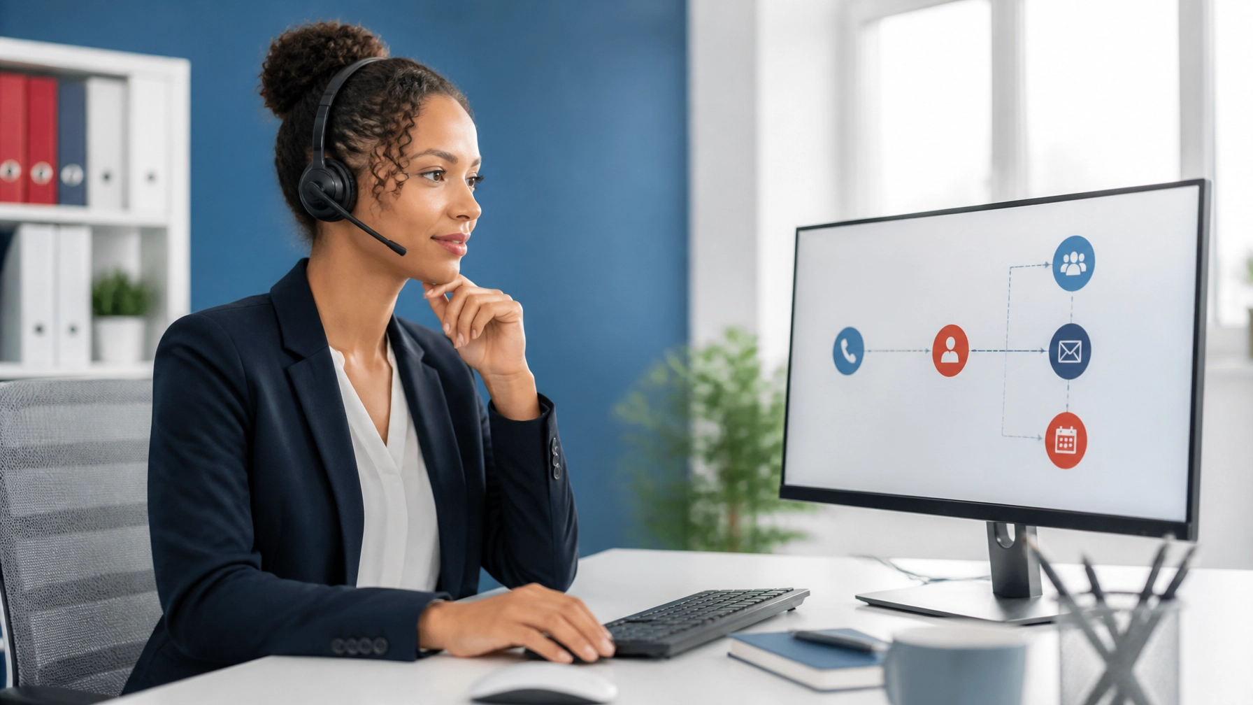 Virtual receptionist managing call routing for a live answering service in office