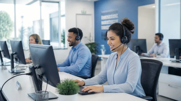 Professional US-based call center team working in a modern office