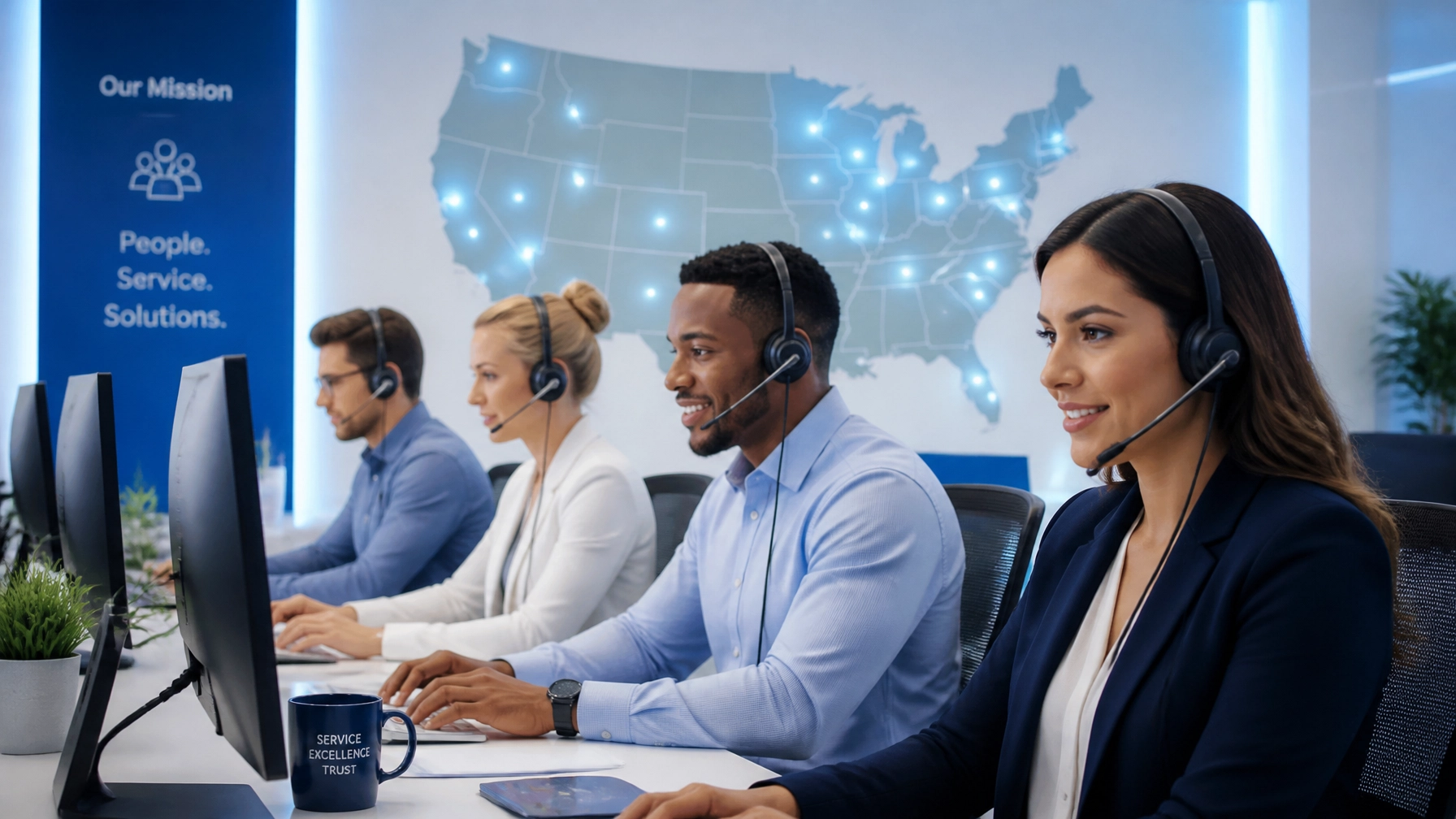 Live answering service team working together in a professional US call center