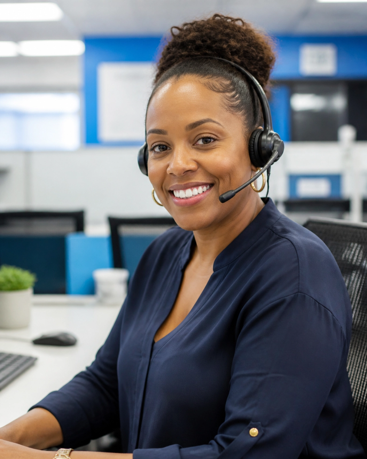 Call center services agent smiling warmly while assisting customers on the phone