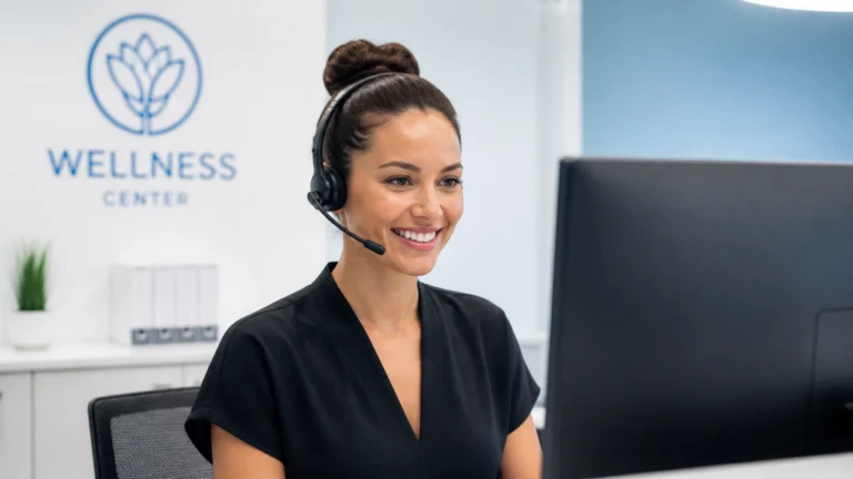 Live answering service receptionist smiling in a modern US office workspace