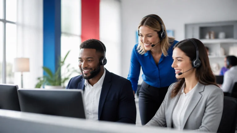US call center professionals collaborating at work in a modern customer service office