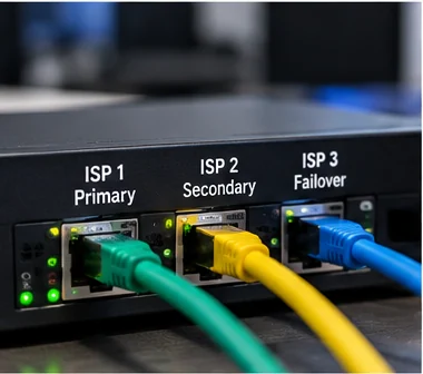 Network ports labeled ISP 1 primary, ISP 2 secondary and ISP 3 failover