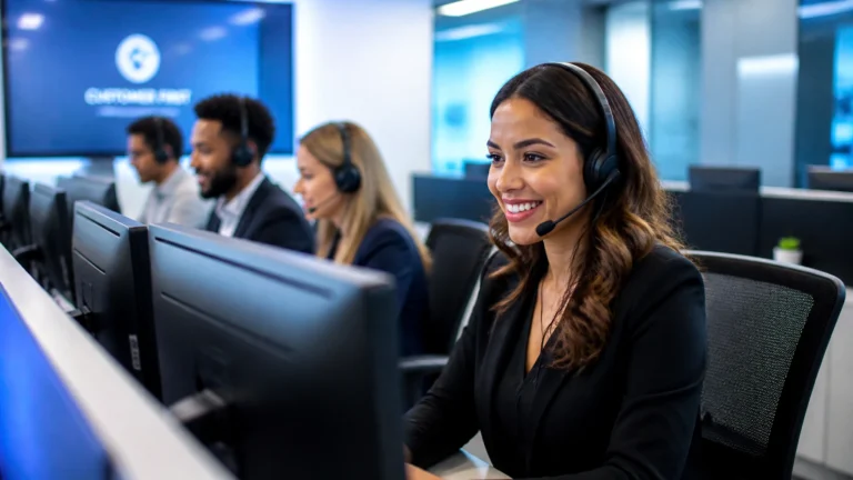 A professional, high-end US call center environment with a diverse team of experts.