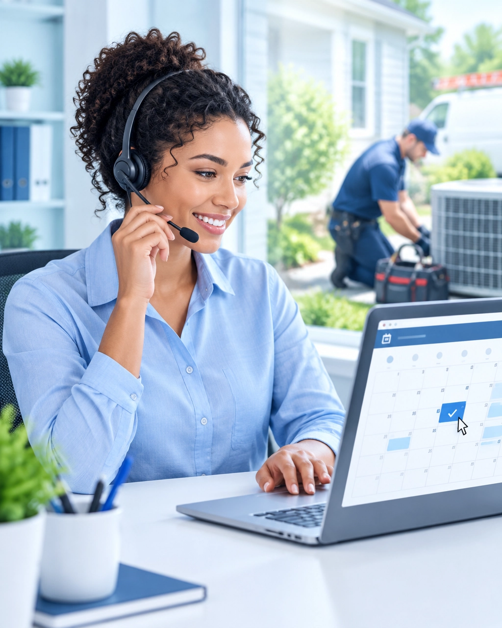 Appointment scheduling service agent arranging an HVAC service visit for a homeowner