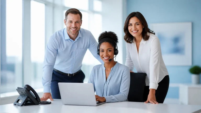 Live answering service team assisting callers in a bright modern office