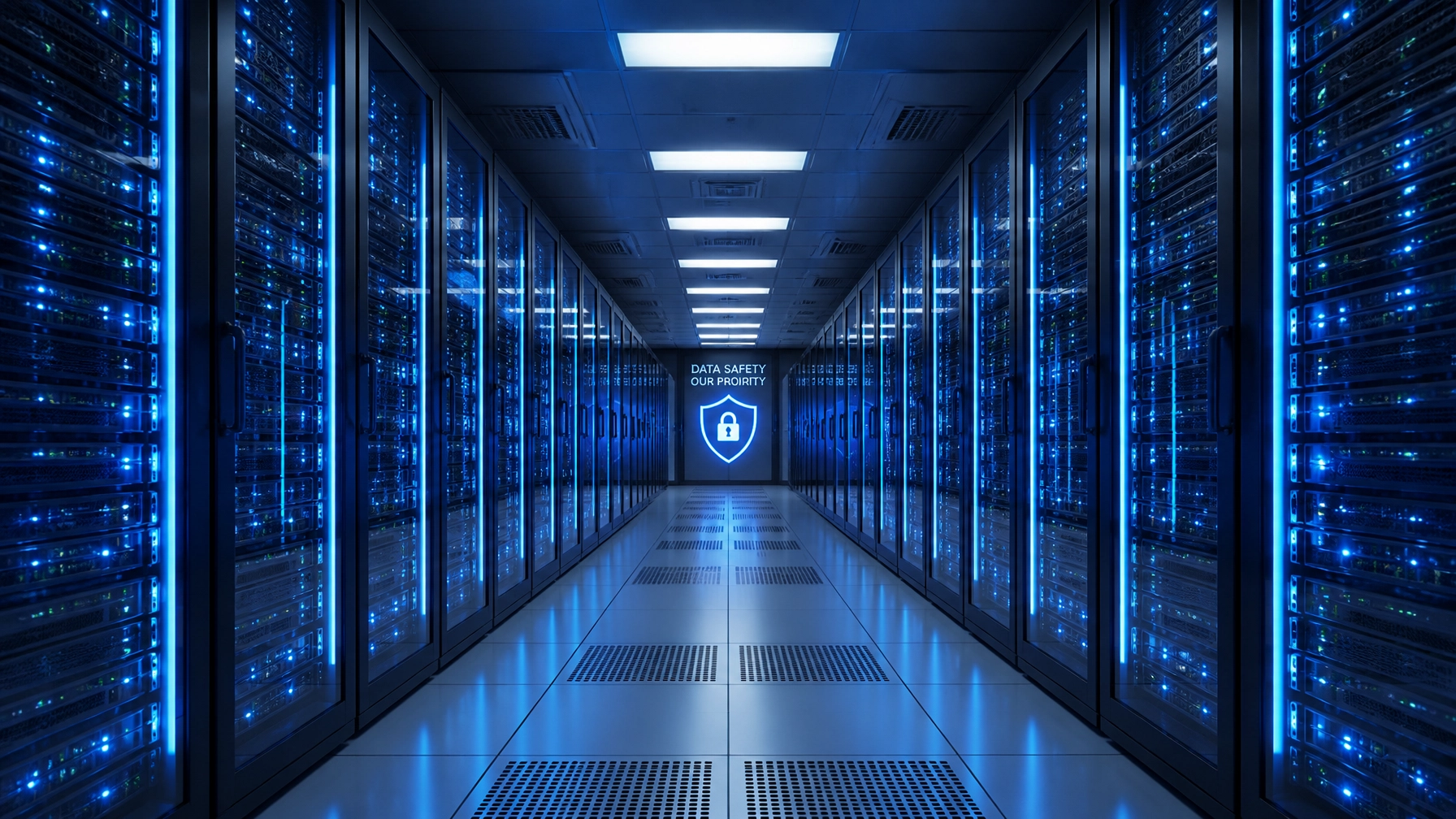 Modern server room showcasing technical redundancy and data safety