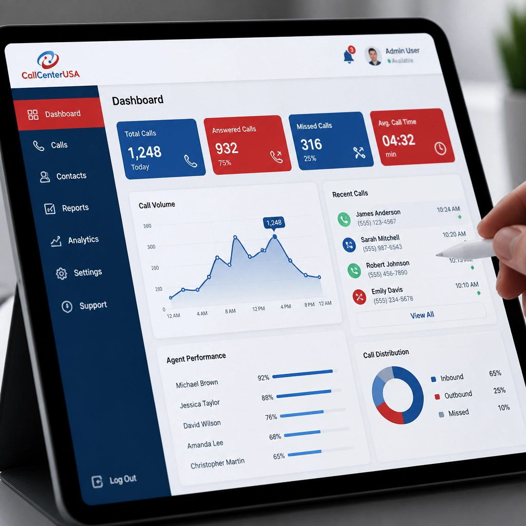 Modern call center dashboard and technology interface