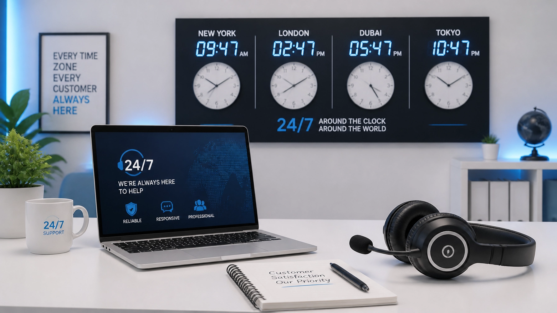 Help desk services workspace with laptop and headset for around-the-clock support.