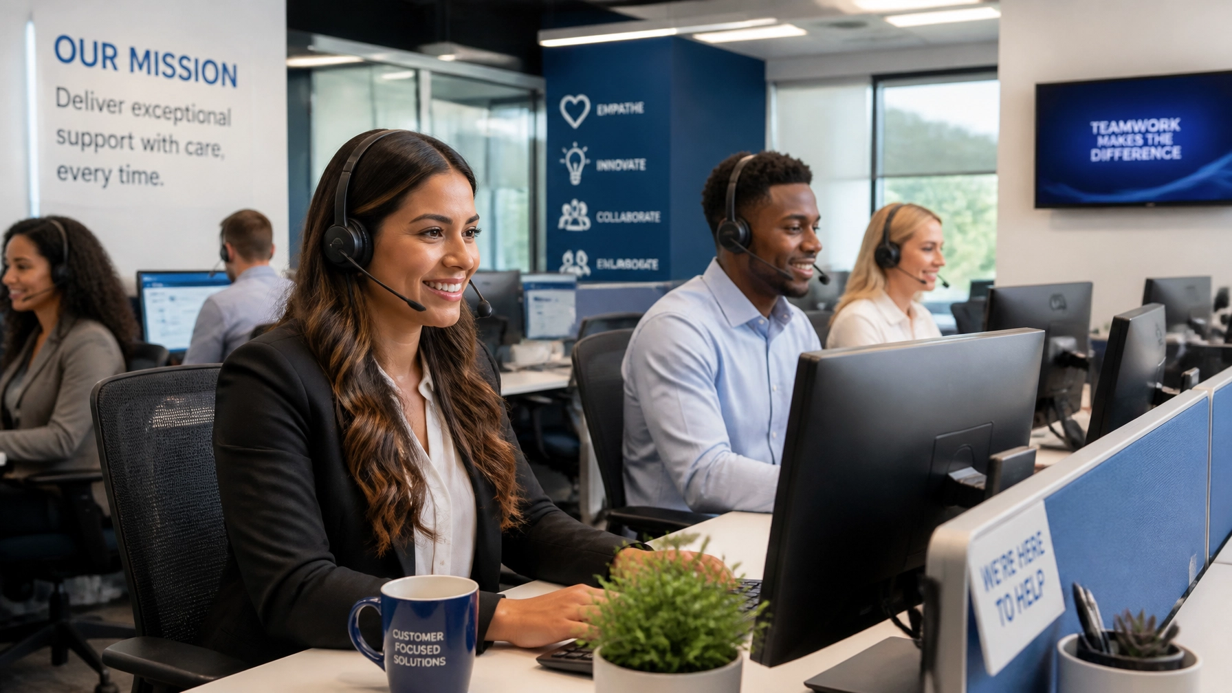 A diverse team of professional US-based call center operators working efficiently in a modern office environment.
