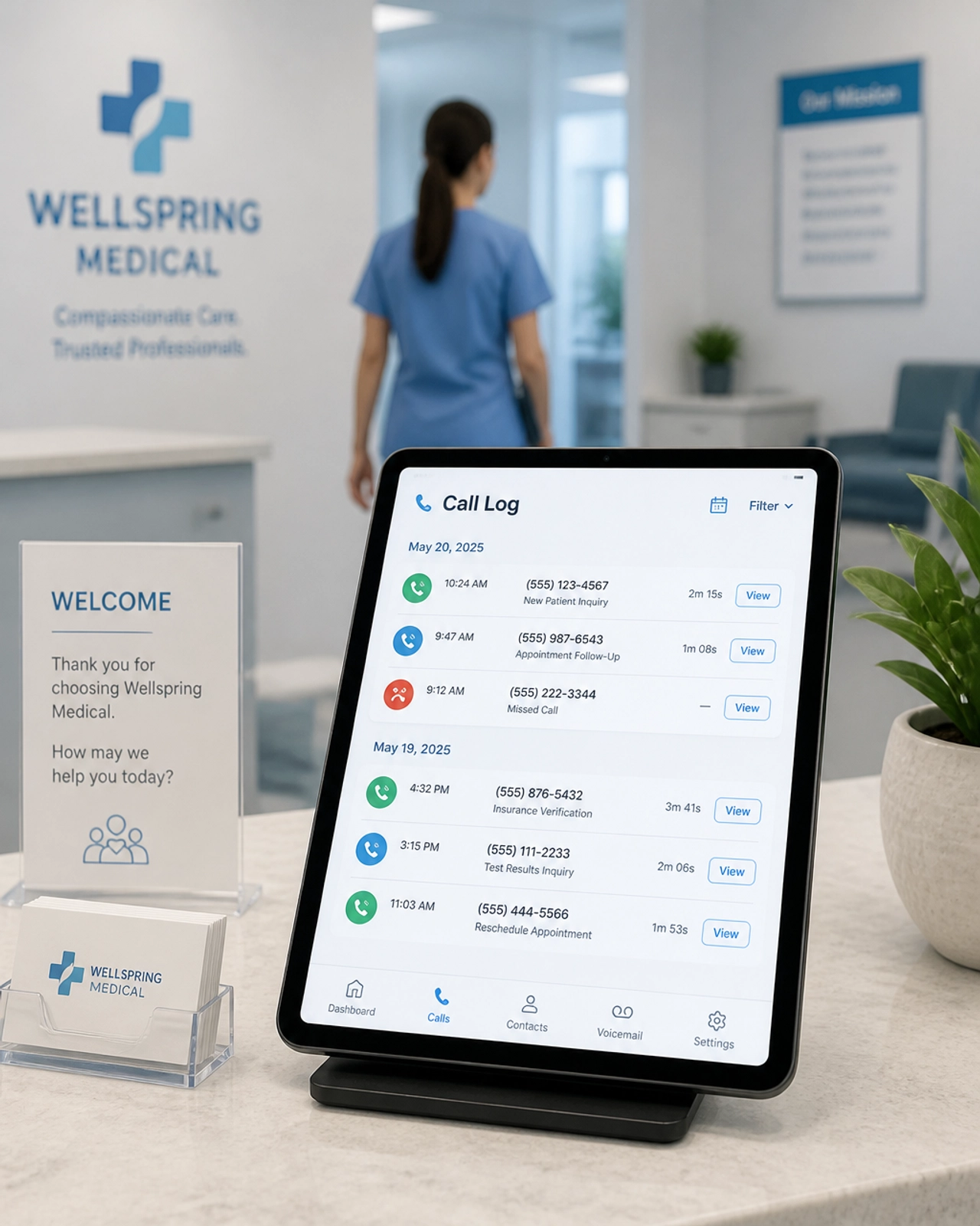 Live answering service dashboard showing captured patient calls in a medical office