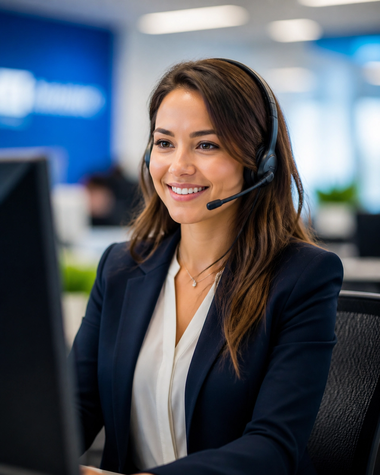 US-based disaster recovery call center operator assisting customers from a modern office.