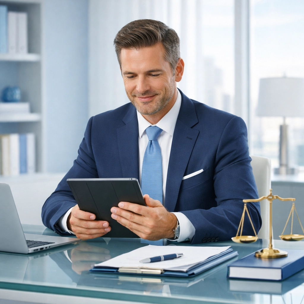 Attorney reviewing screened leads from an attorney answering service in a sunlit office.
