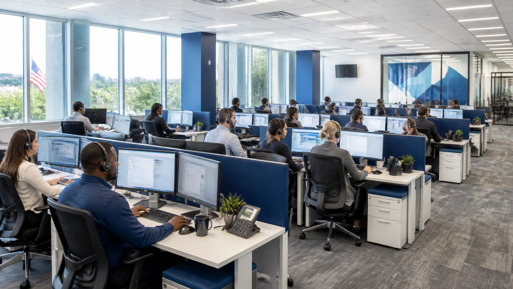 A modern, high-tech call center facility in the USA, representing professional and reliable communication services