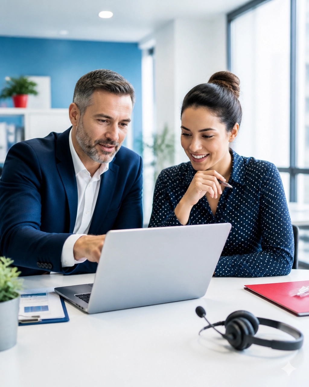 Help desk services team reviewing customer support results together on a laptop