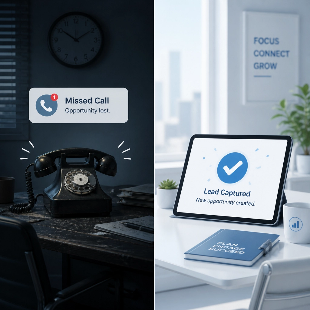 Live answering service graphic comparing missed calls and captured business leads