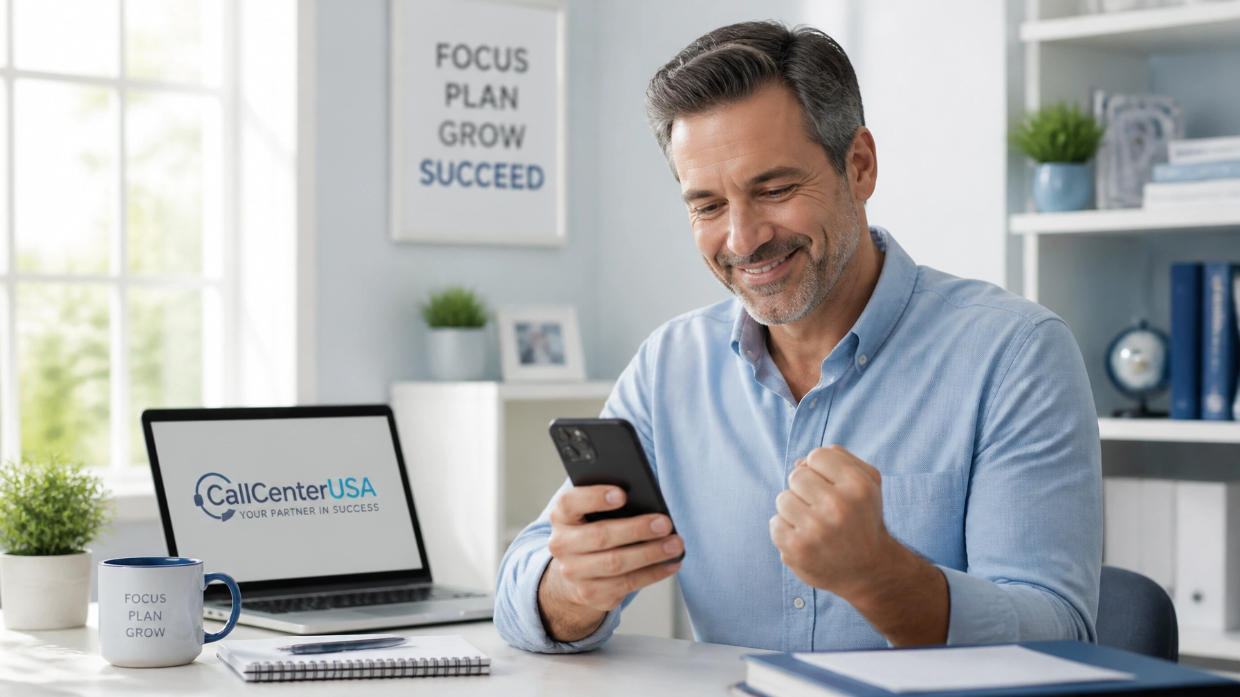 A small business owner looking relieved and happy while managing his business calls through a professional service.