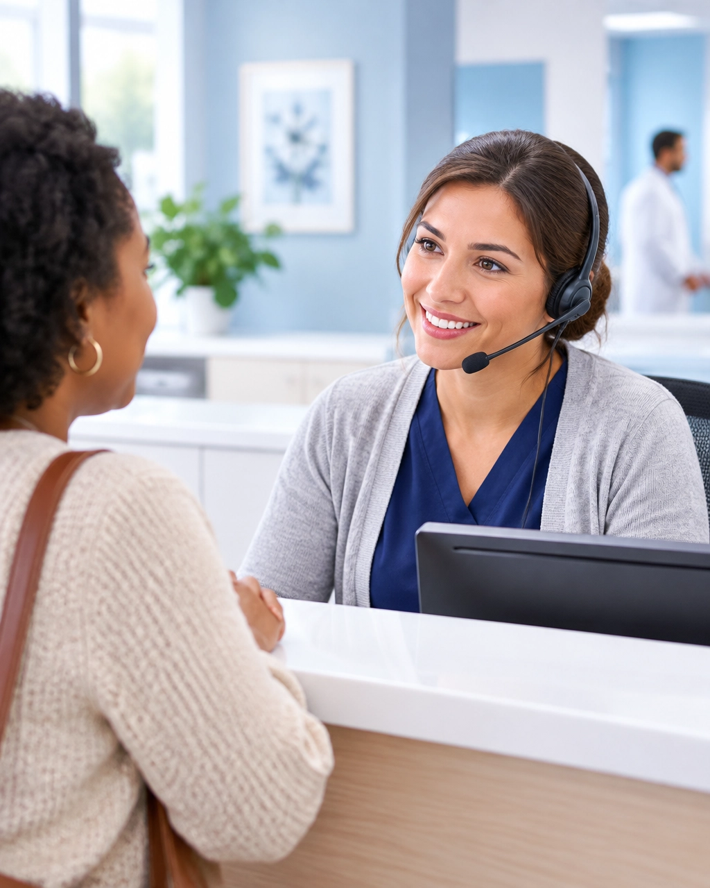 Patient speaking with a medical receptionist at a 24/7 live answering service