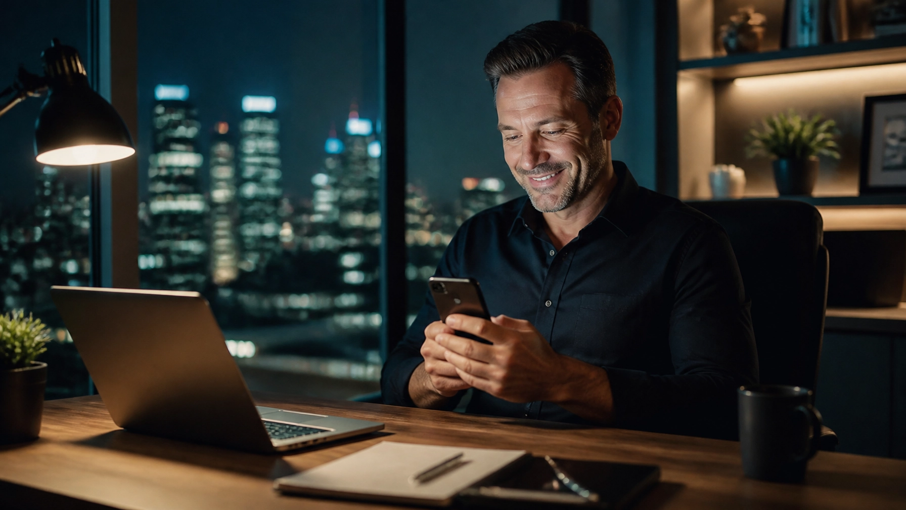 A business owner feeling relieved and happy while looking at their phone at night