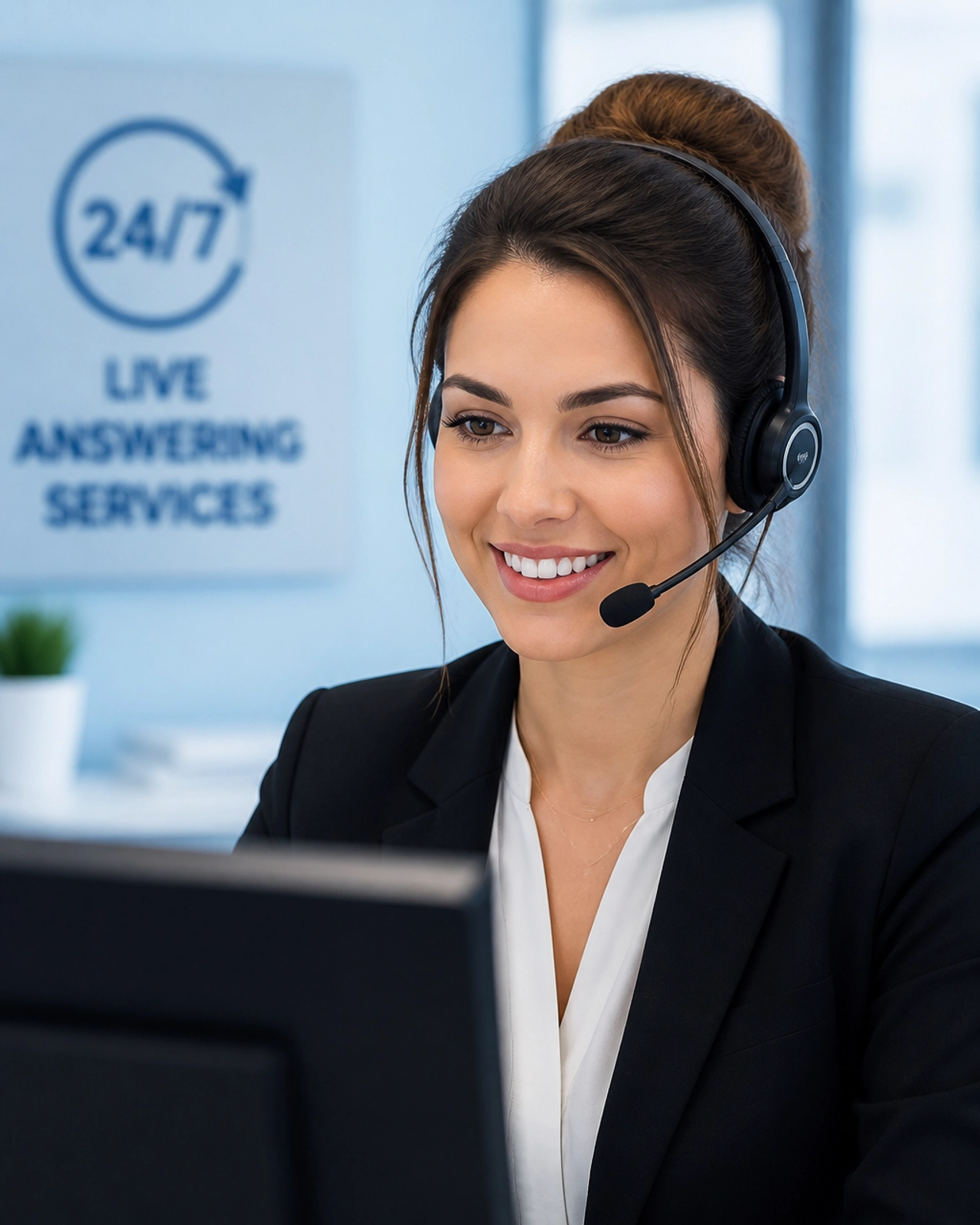 A professional receptionist providing friendly and expert support through a 24/7 live answering service