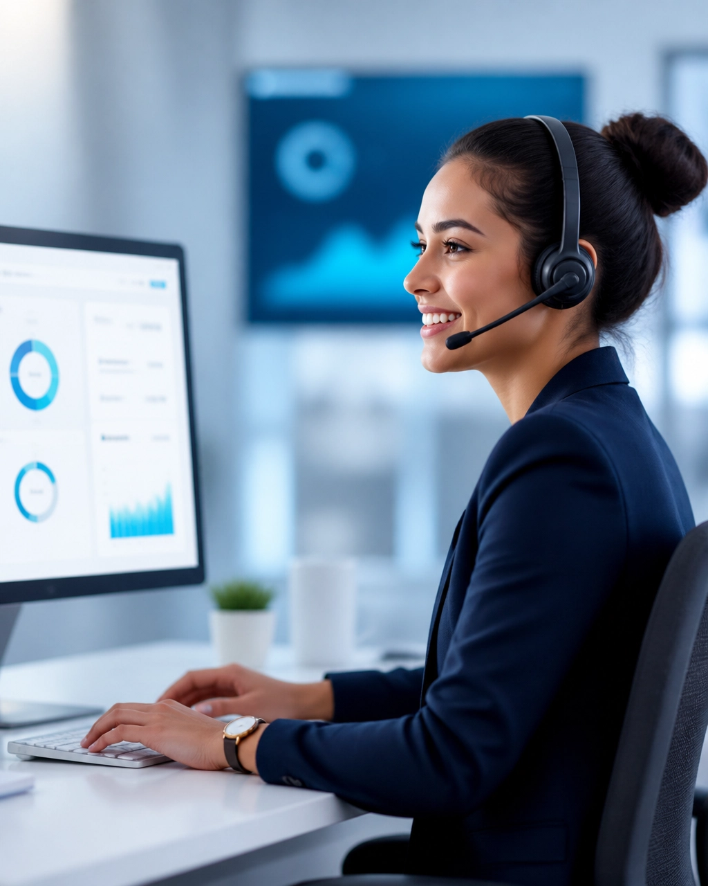 Customer service support professional monitoring call activity while assisting a caller