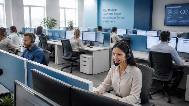 Help desk services team assisting customers in a bright modern call center.