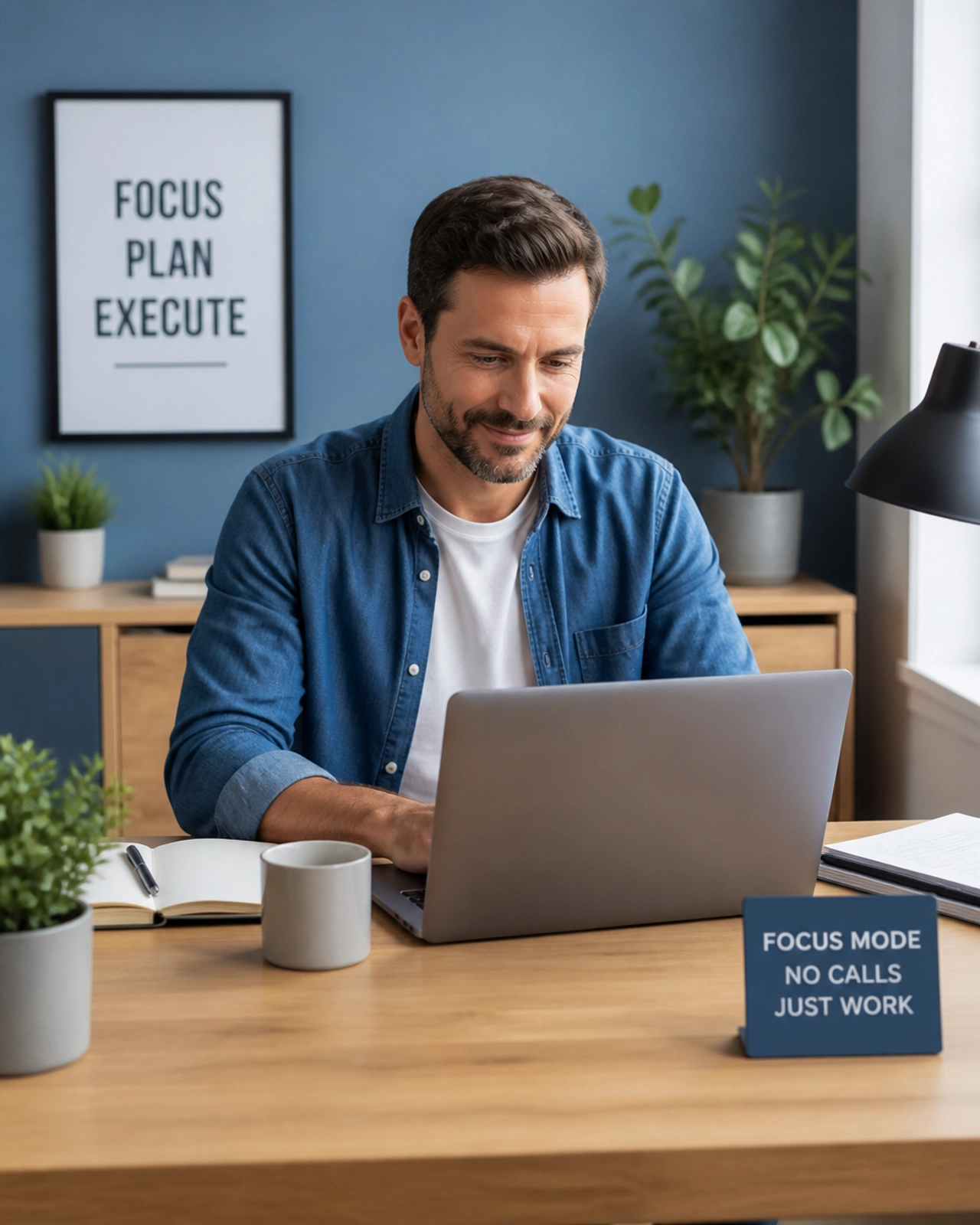 A business owner working productively at a desk, free from phone interruptions