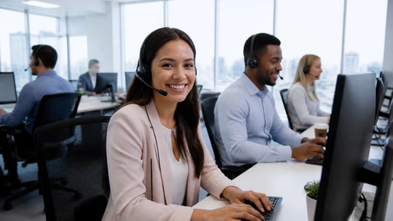 Call center services team in a modern US office greeting customers professionally