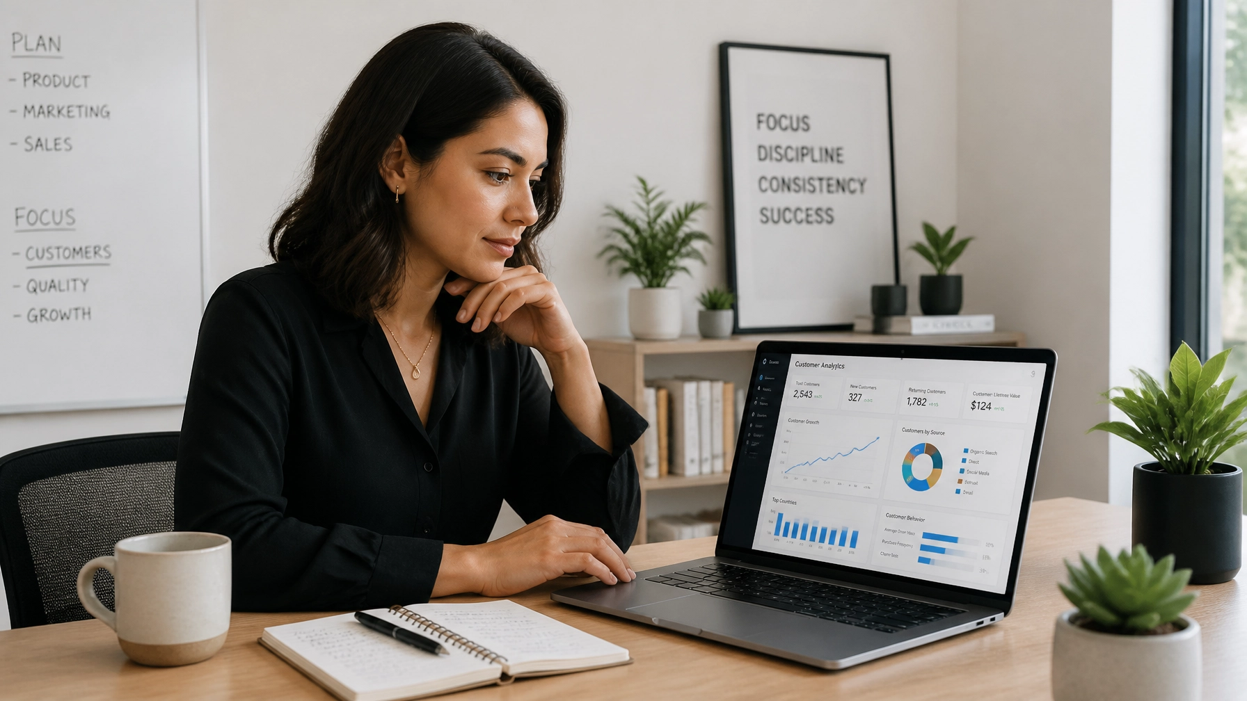 A focused small business owner reviewing customer analytics on a sleek laptop
