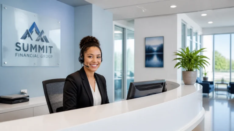 Call center services receptionist welcoming callers at a modern business front desk