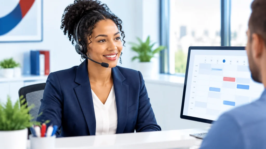 Appointment scheduling service receptionist booking a customer call at a modern office desk