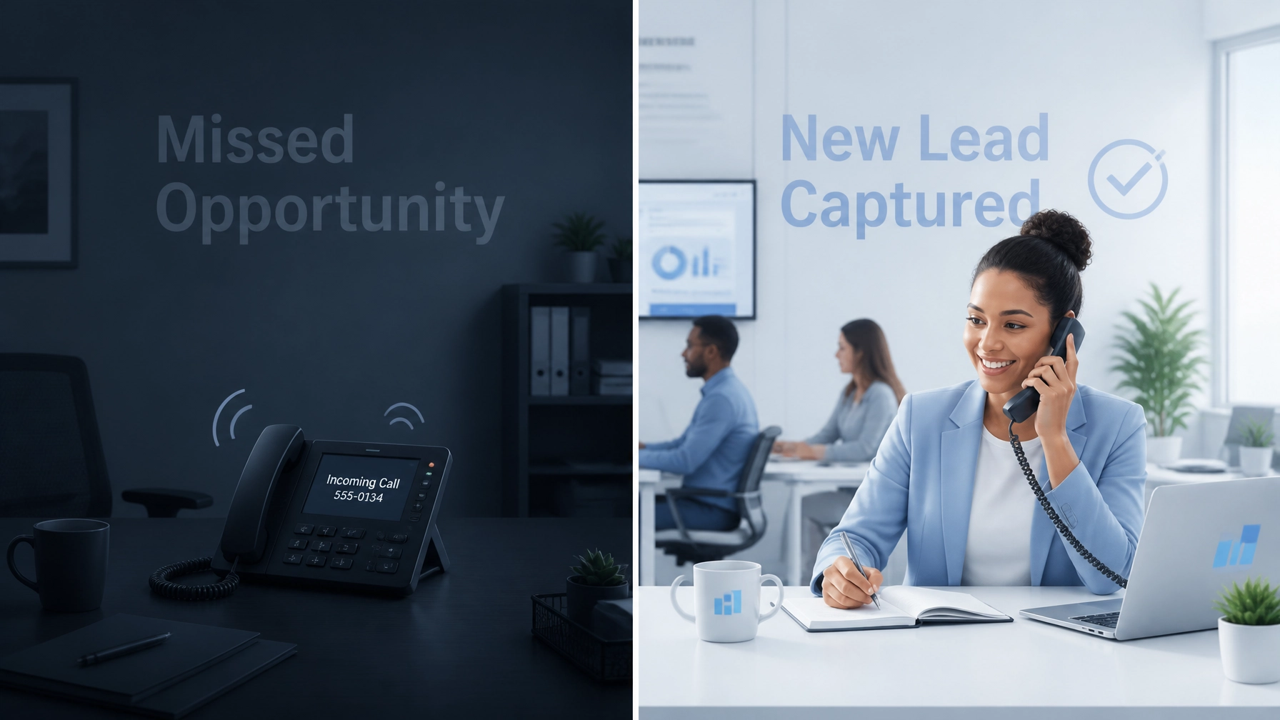Split screen showing a missed opportunity versus a captured lead