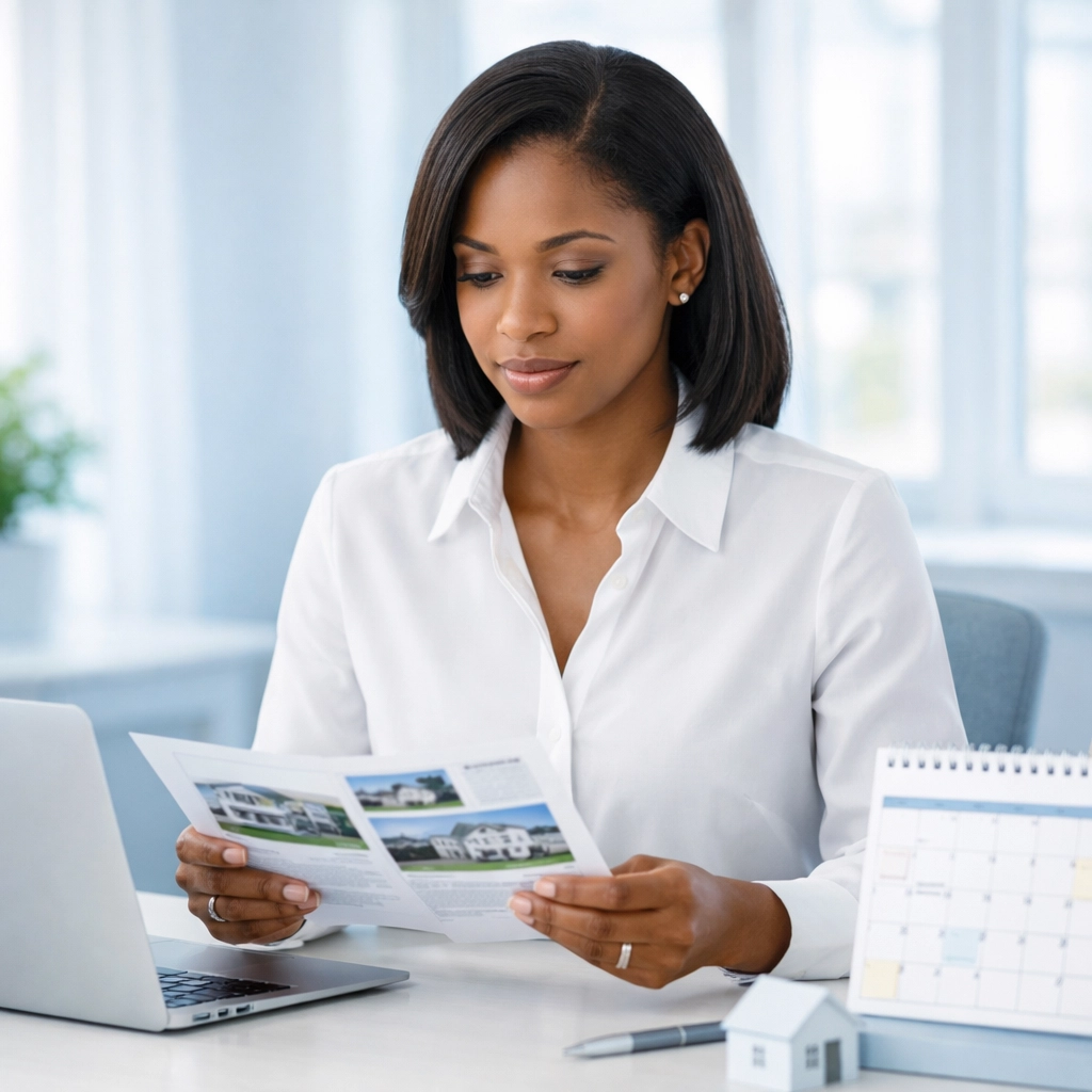 Real estate professional working productively at organized desk with calendar