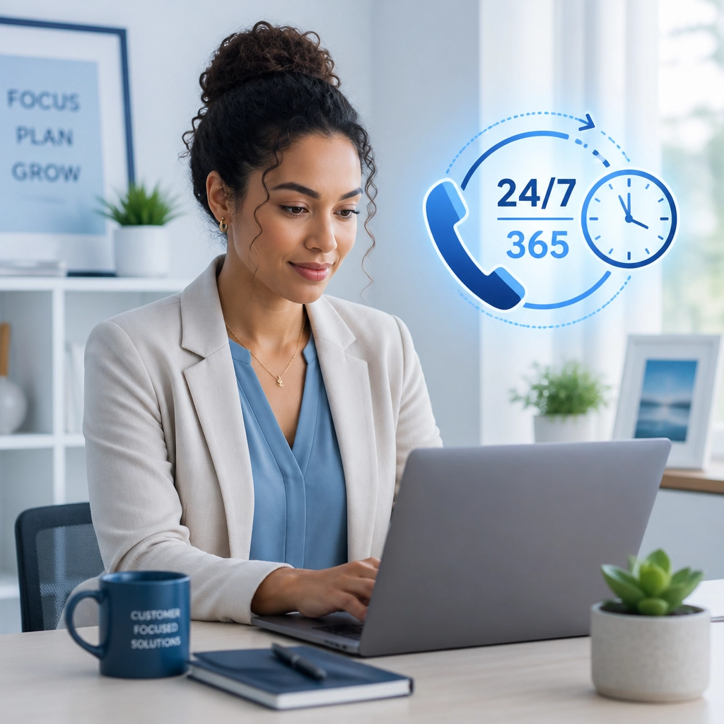A focused business owner working productively while a digital icon represents 24/7/365 availability.