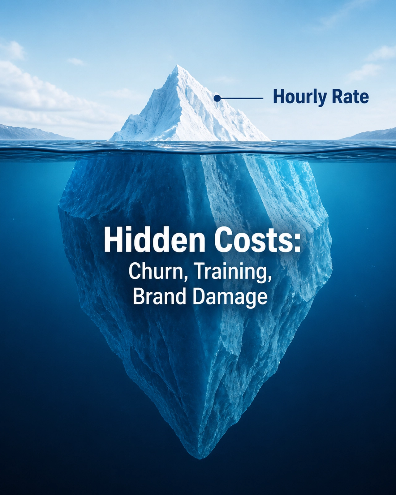 The hidden costs of outsourcing represented as an iceberg.