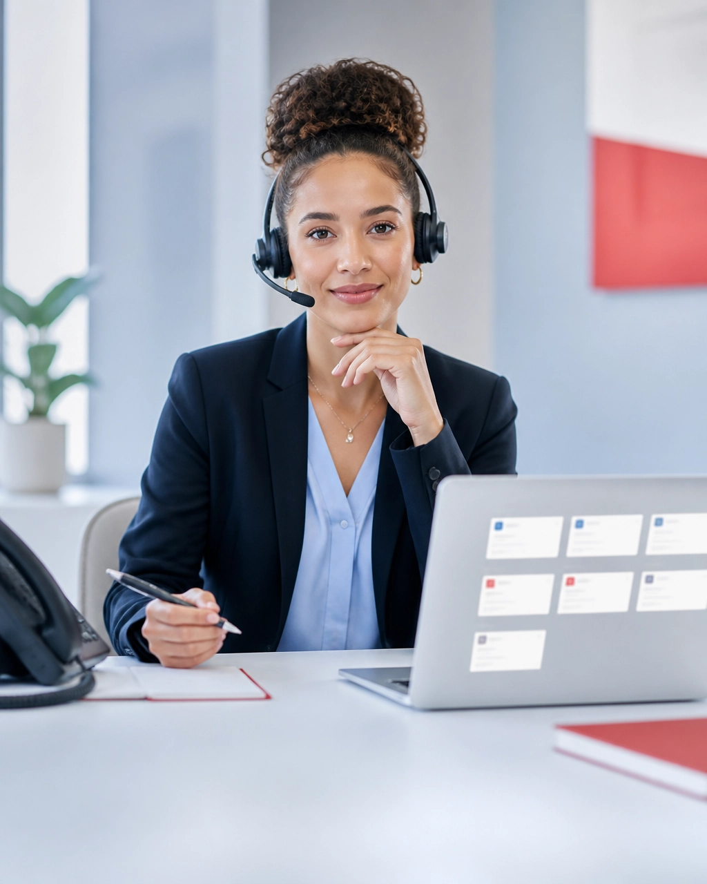Help desk services representative taking a live call while reviewing support tickets