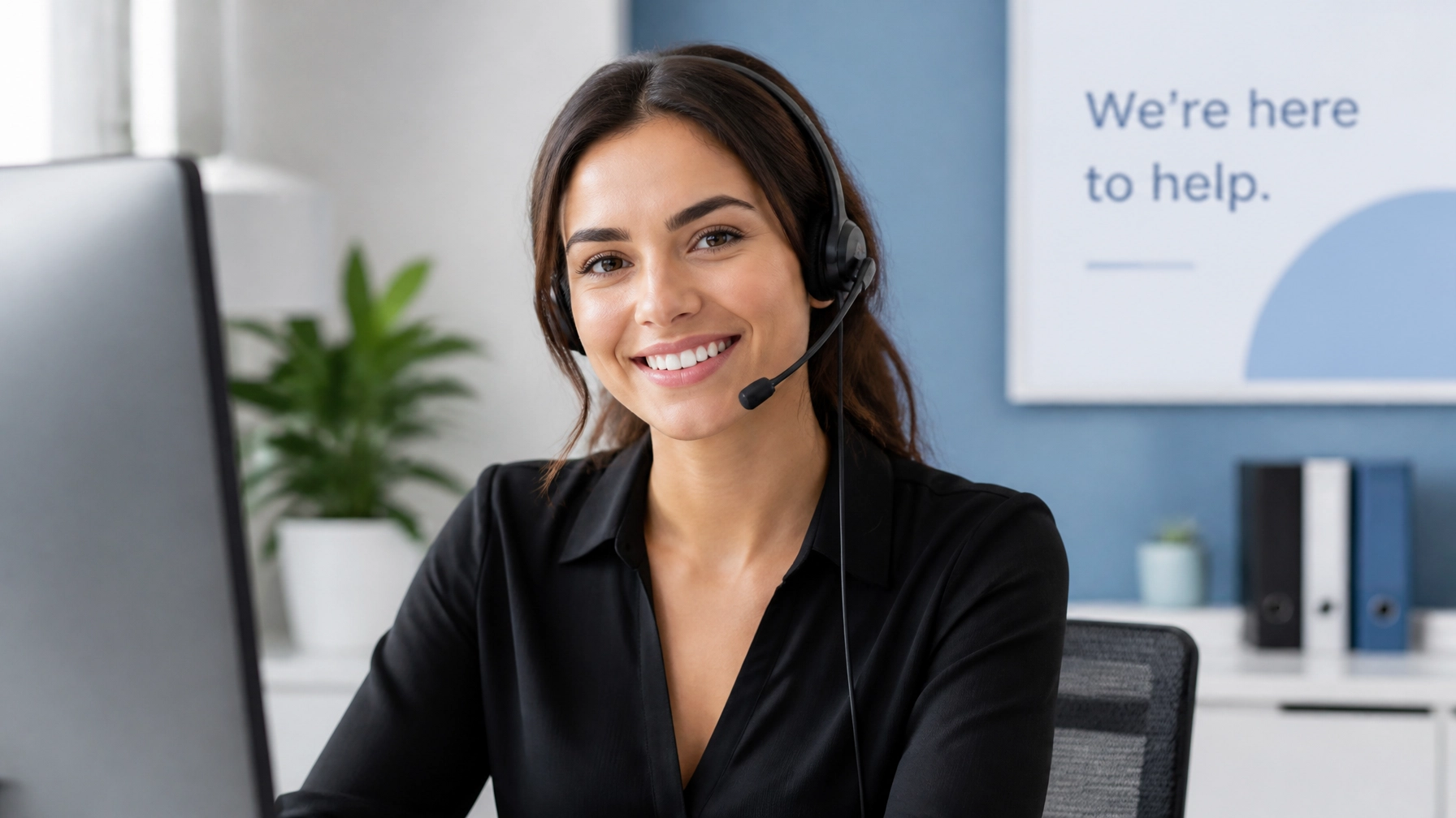 24/7 live answering service specialist smiling while answering customer calls at a desk