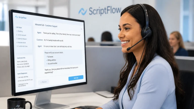 A professional female receptionist in a modern US-based call center, smiling while using a custom call script on her monitor.