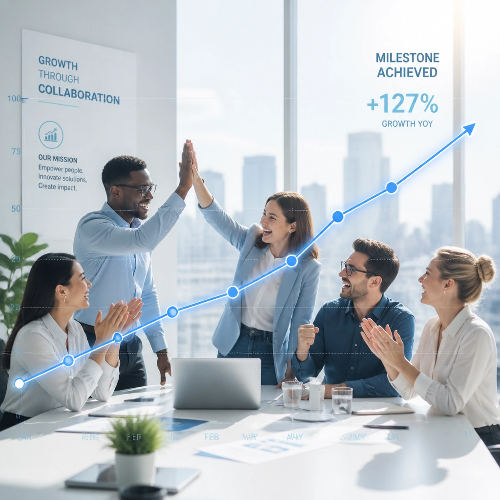 A business team celebrating success, with a growth chart symbolizing the upward trend of a scaling startup.